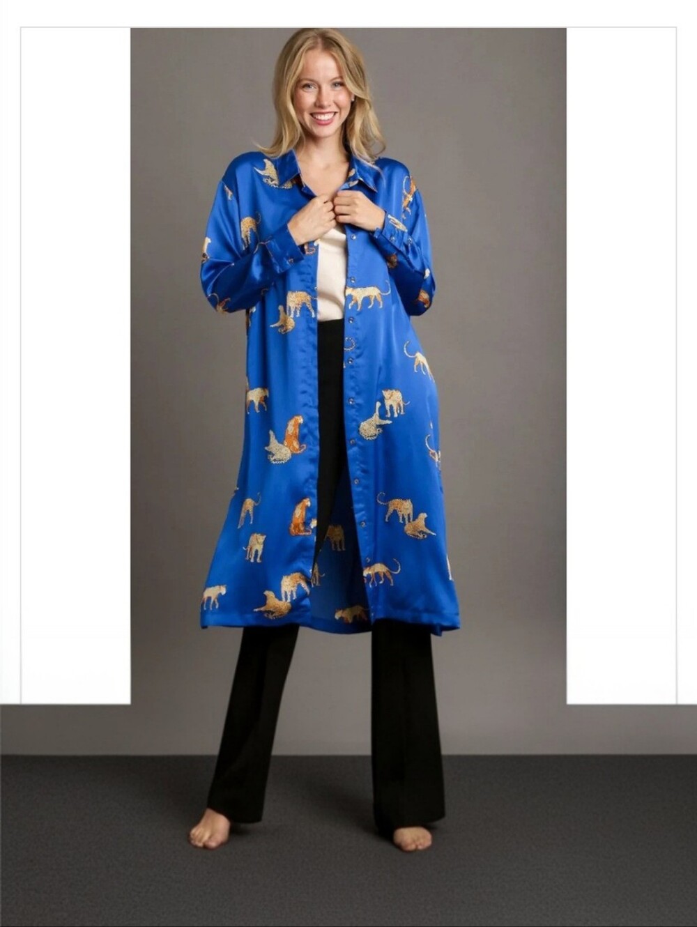 Umgee Women's size 1X Cobalt Blue Animal Print Midi Shirt Dress NWT